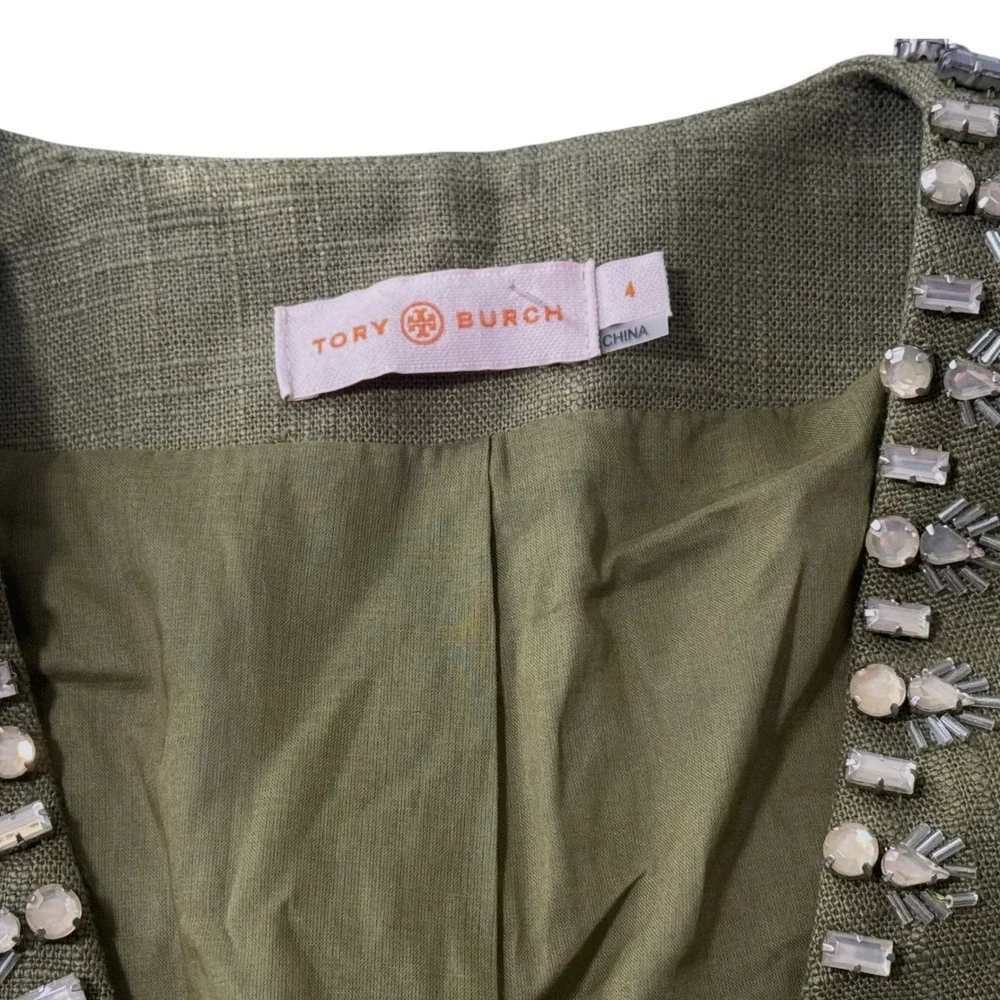 Tory Burch Avery Embellished Linen jacket Sz4‎ crystal beaded Olive green garden